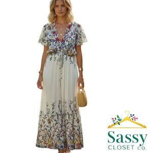 CUPSHE Floral Cotton Maxi Cover‑Up Front Tie V‑Neck Empire Waist One Size